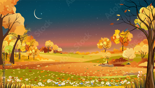 Autumn rural landscape farm fields and forest trees with orang ,blue sky sunset,Vector cartoon banner backdrop farm field harvest,Scenery of natural countryside with sunrise for fall season background