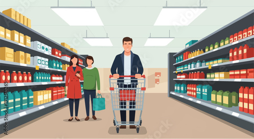 Family of three, including a father pushing a shopping cart, a mother, and a child, walking down a well-stocked supermarket aisle for grocery shopping