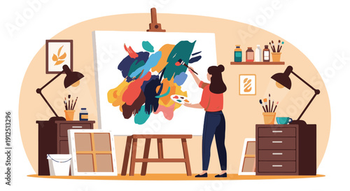 Young female artist immersed in a creative session within her vibrant art studio, bringing a colorful abstract painting to life on a large canvas on an easel