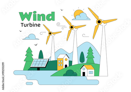 Wind Turbine Vector Illustration Showcasing a Sustainable Renewable Energy Concept with a Green Nature Landscape and Mountain Background