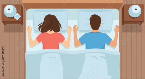 Couple sleeping peacefully in a cozy bed with bedside tables and lamps, overhead view