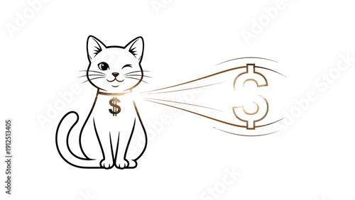 A cartoon cat with a dollar sign around its neck is winking and radiating money, conveying a playful and humorous mood with simple line art on a clean white background.