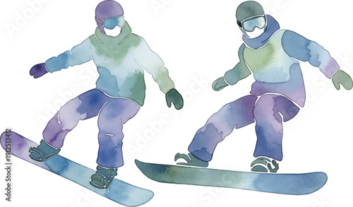 2パターンのスノーボーダーの滲みのある水彩風イラスト