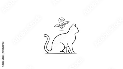 Minimalist line drawing of a cat sitting with a dollar sign and coin above it on a white background.