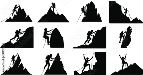 Set of Mountaineering Silhouettes Featuring Rock Climbers Scaling Steep Cliffs Using Ropes Alpinists Trekking High Peaks and Outdoor Adventure Sports
