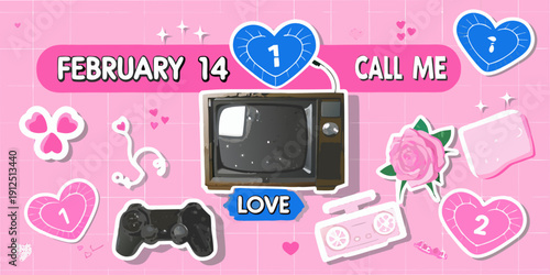 Valentine s day themed collage with retro objects and heart motifs