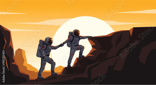 Astronauts collaborate on an adventurous space mission, ascending an extraterrestrial landscape under a vibrant orange sunset, symbolizing the future of cosmic exploration and human endeavor