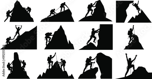Set of Mountaineering Silhouettes Featuring Rock Climbers Scaling Steep Cliffs Alpinists Trekking High Peaks and Outdoor Extreme Adventure Sports Icons