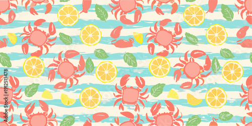 Colorful summer pattern with crabs lemons and vibrant striped background