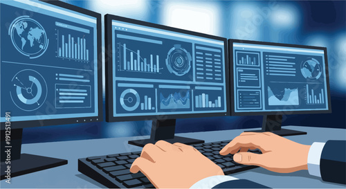 Professional analyzing data on multiple screens, utilizing keyboard to navigate dynamic dashboards, charts, and graphs for business intelligence and strategy