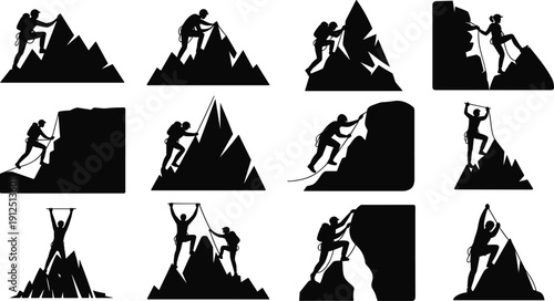 Set of Mountaineering Silhouettes Featuring Rock Climbers Scaling Steep Cliffs Using Ropes Alpinists Trekking High Peaks and Outdoor Adventure Sports