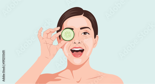 A happy woman with a cucumber slice over her eye, showcasing a skincare and beauty treatment