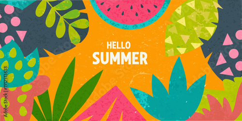 A vibrant summer illustration featuring tropical leaves watermelon and text