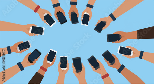 Circular arrangement of hands holding smartphones demonstrating connection and communication in a digital age