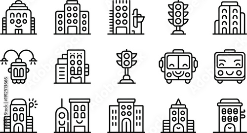 Cute city building outline icon set line art urban elements cartoon vector illustration collection isolated design