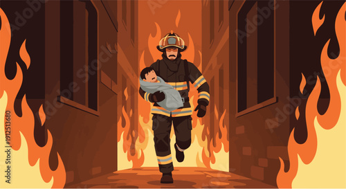 Brave firefighter runs through a raging inferno, cradling a rescued baby in a dramatic and heroic act of courage amidst the destructive flames, symbolizing hope and self-sacrifice