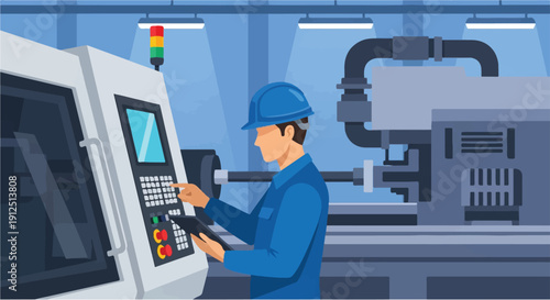 Industrial worker operating machinery in a factory setting, showcasing advanced manufacturing technology and production processes
