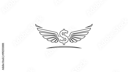 A minimalist line art illustration of a dollar sign with wings on a plain white background, conveying financial freedom and success.