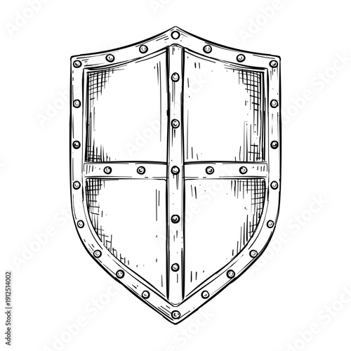 steel medieval shield vector line art hand drawn illustration
