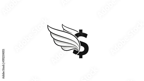 A black and white illustration of a winged dollar sign on a plain white background with a minimalist design.