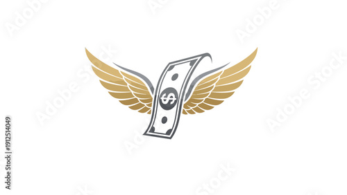Illustration of a dollar bill with golden wings and a coin on a white background, symbolizing financial freedom and wealth.