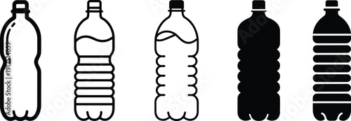Set of Plastic Water Bottle Icons in Outline and Silhouette Style, Liquid Container Vector Graphics for Recycling Environment and Hydration Design
