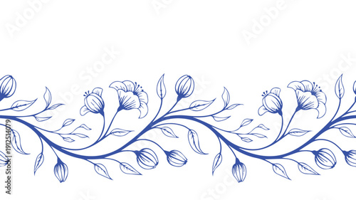 Elegant Hand-Drawn Blue Floral Border Design with Delicate Flowers and Leaves Pattern