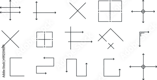 Vector Set of Technical Measurement Indicators, Drafting Alignment Marks, Crosshair Symbols and Geometric Precision Tools for Architectural and Engineering Design