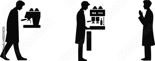 Set of professional barista silhouettes operating espresso machines and serving hot coffee in cafe shop for restaurant business and hospitality concepts