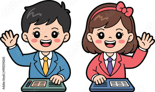 Cute cartoon news anchors waving at desk professional TV presenters vector illustration isolated on white background design