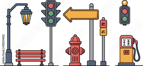 Urban street objects collection traffic light sign hydrant bench lamp gas pump flat vector icon set