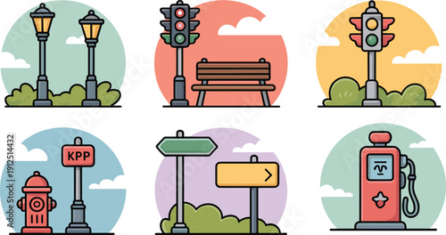 City street elements icon set traffic light bench lamp post hydrant sign gas pump flat vector illustration