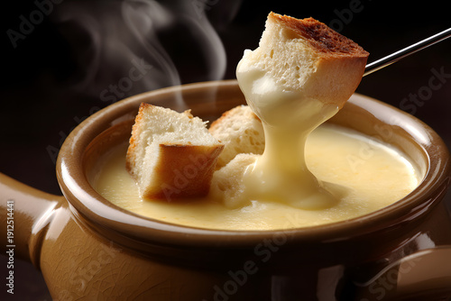 Wallpaper Mural Classic Ceramic Fondue Pot Filled with Melted Swiss Cheese and Bread Dip, Steam Rising in Warm Atmosphere Torontodigital.ca