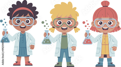 Cute little scientists cartoon characters holding chemistry flasks kids science experiment vector illustration isolated design set