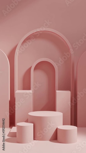 3D rendering animation of a geometric pastel pink scene featuring a modern podium with clean