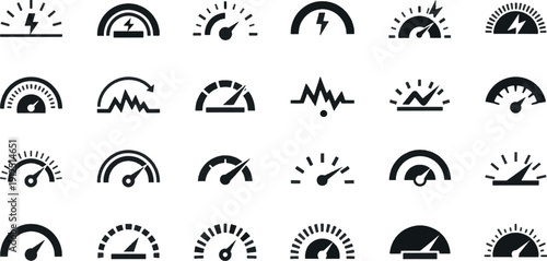 Vector Set of Energy and Power Gauge Icons, Electric Meter Dials, Lightning Bolt Indicators and Voltage Monitoring Scales for Technical Dashboards