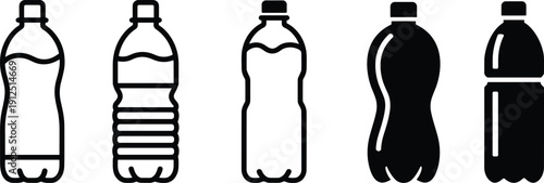 Set of Plastic Water Bottle Icons in Outline and Silhouette Style, Liquid Container Vector Graphics for Recycling Environment and Hydration Design