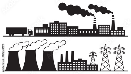 Industrial infrastructure icons featuring factories, power plants, and transmission towers for energy production