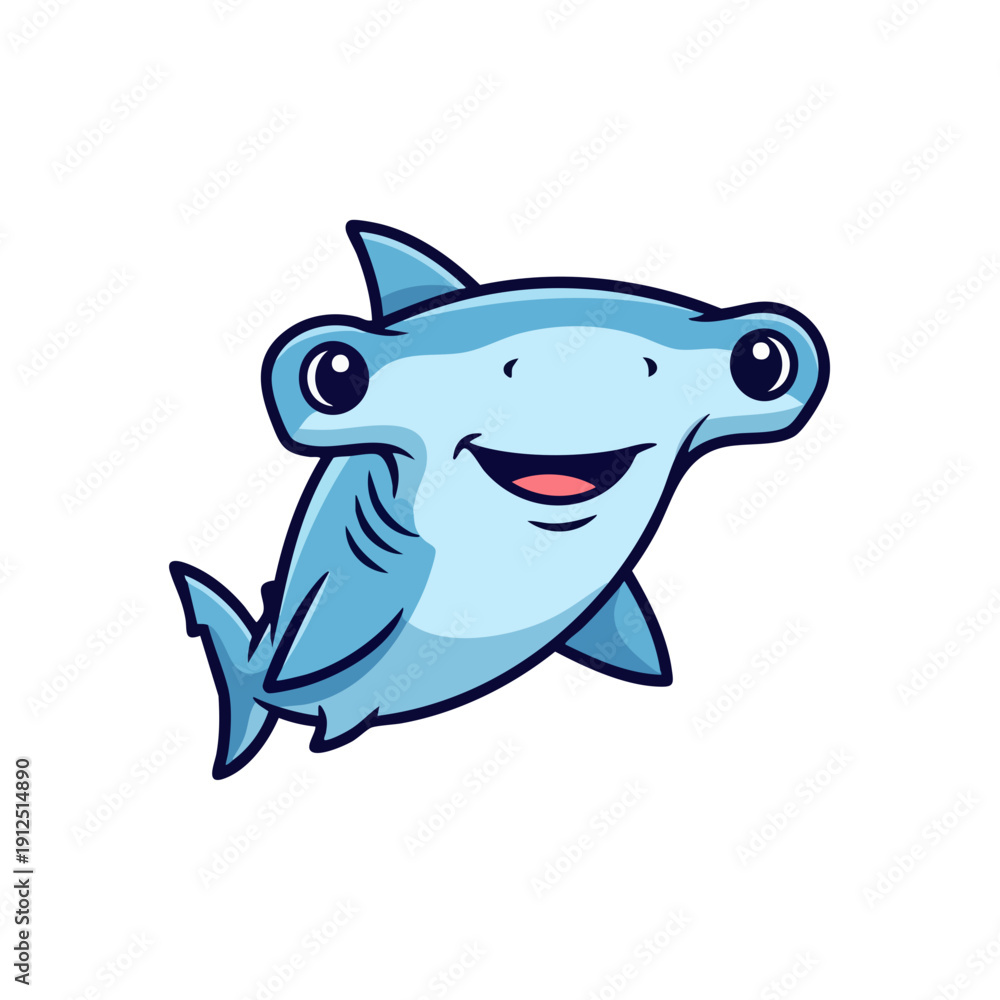 Fototapeta premium Cute cartoon hammerhead shark smiling underwater illustration.