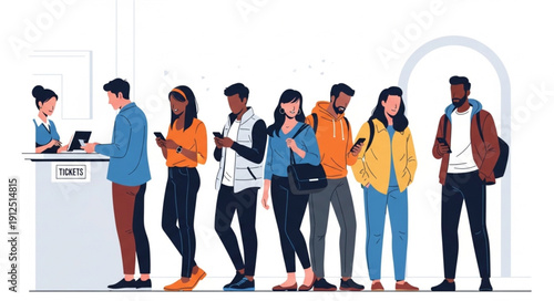 Diverse group of people standing in line at a service counter.