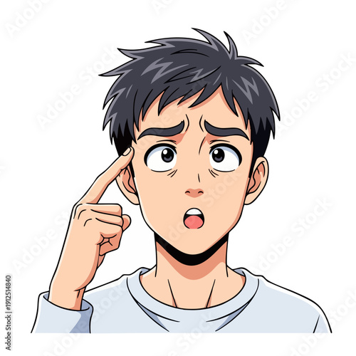 Young man with dark hair and worried expression pointing at his temple.