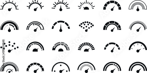Vector Set of Minimalist Performance Gauges, Speedometer Dials and Dashboard Indicator Scales for Technical Interface and Data Monitoring Design