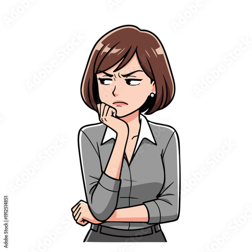 A thoughtful woman with short brown hair wearing a grey shirt and white collar is deep in thought.