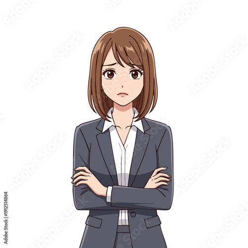 A young businesswoman with short brown hair and a serious expression stands with her arms crossed.
