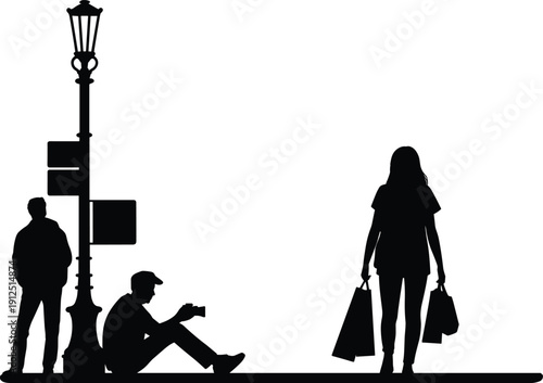 Set of silhouettes with woman carrying shopping bags and photographers taking pictures near street lamp in urban city lifestyle concept