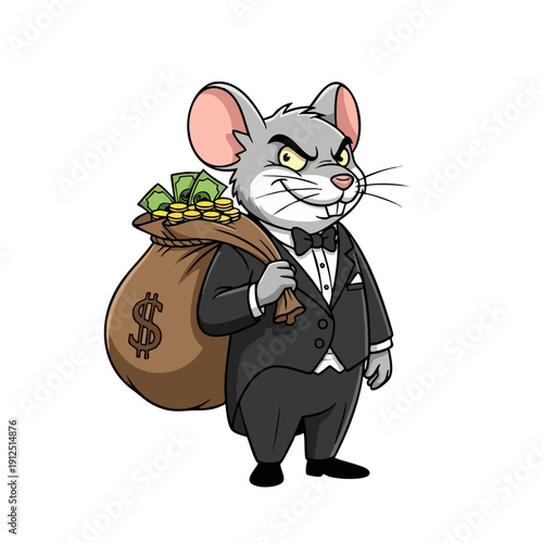 Cartoon mouse in a tuxedo carrying a bag of money.