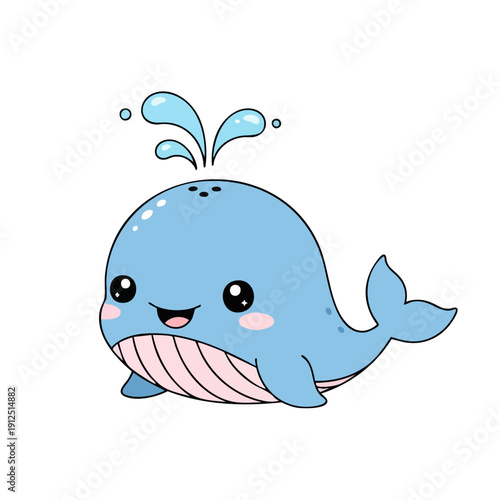 Cute cartoon blue whale spouting water with a happy expression.