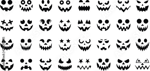 Set of spooky Halloween jack o lantern pumpkin face silhouettes and scary ghost expressions icons collection isolated on white background