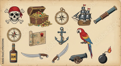 Pirate Treasure Map and Symbols Collection.