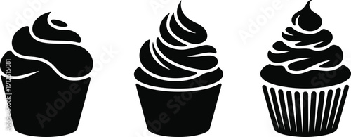 Set of Three Black and White Cupcake Icons with Swirl Frosting and Ribbed Liners Isolated on a Plain White Background